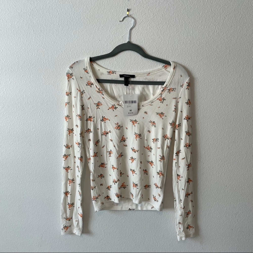 FOREVER 21 FLORAL RIBBED LONGSLEEVE MED NWT